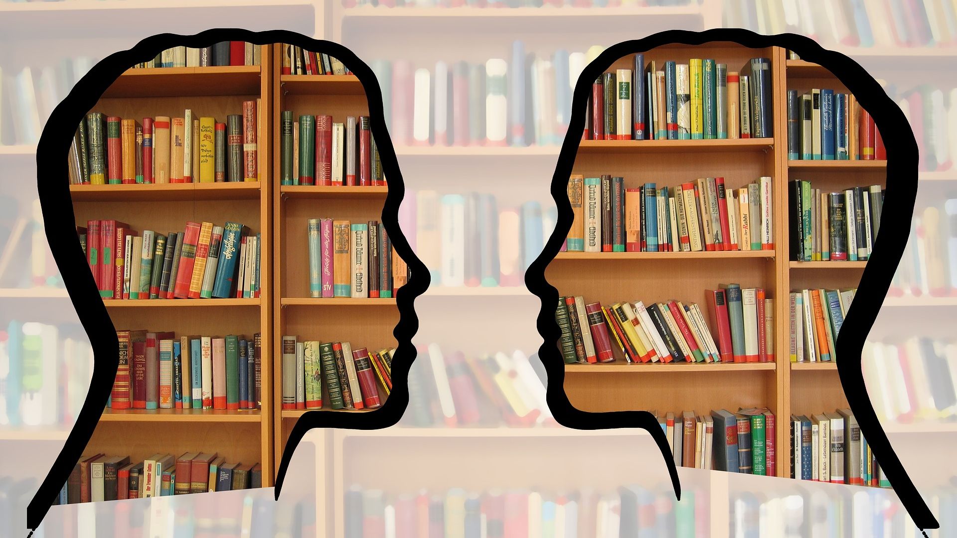 Symbolbild Shilouette zweier Köpfe über Bücherregal