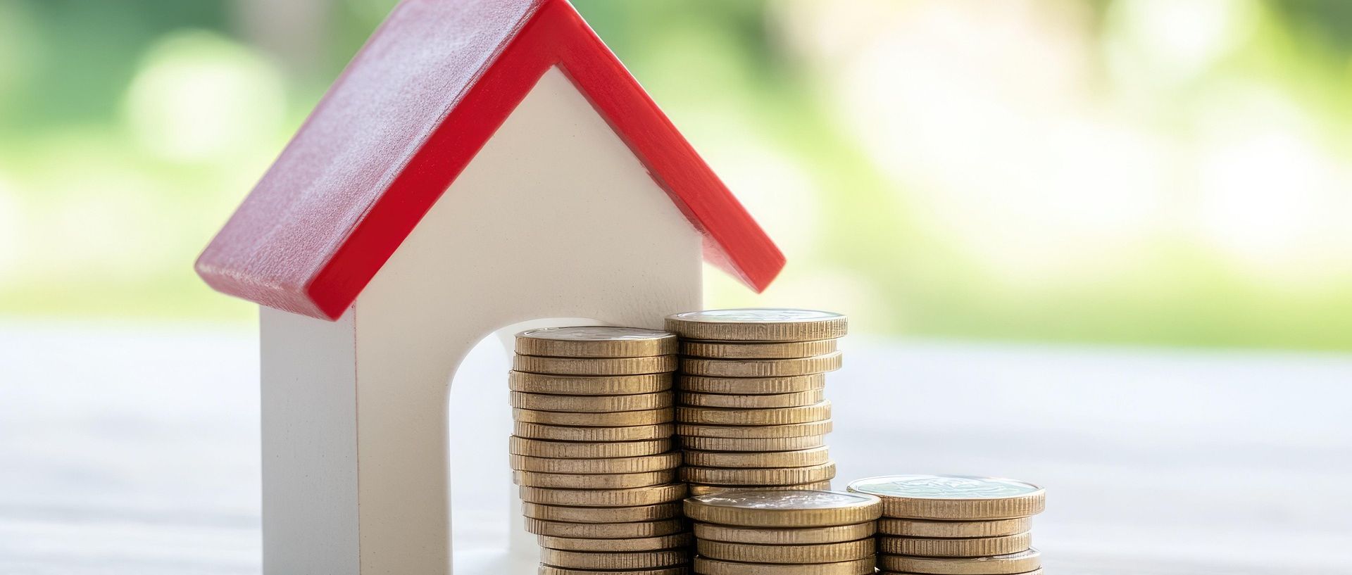 Symbolbild Holzhäuschen mit Münzgeldstapeln