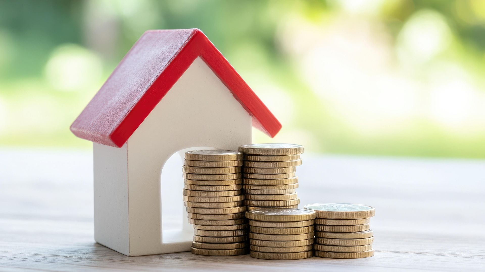 Symbolbild Holzhäuschen mit Münzgeldstapeln